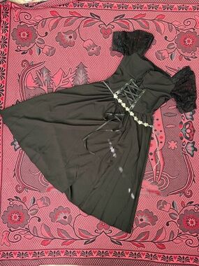 Black Lace Sleeve Corset-Style A-Line Dress